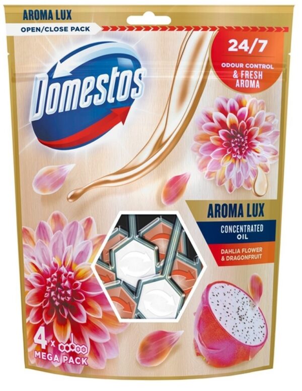 Domestos wc blok 4x 55g-Aroma Lux- Dahlia Flower & Dragonfruit - Image 1